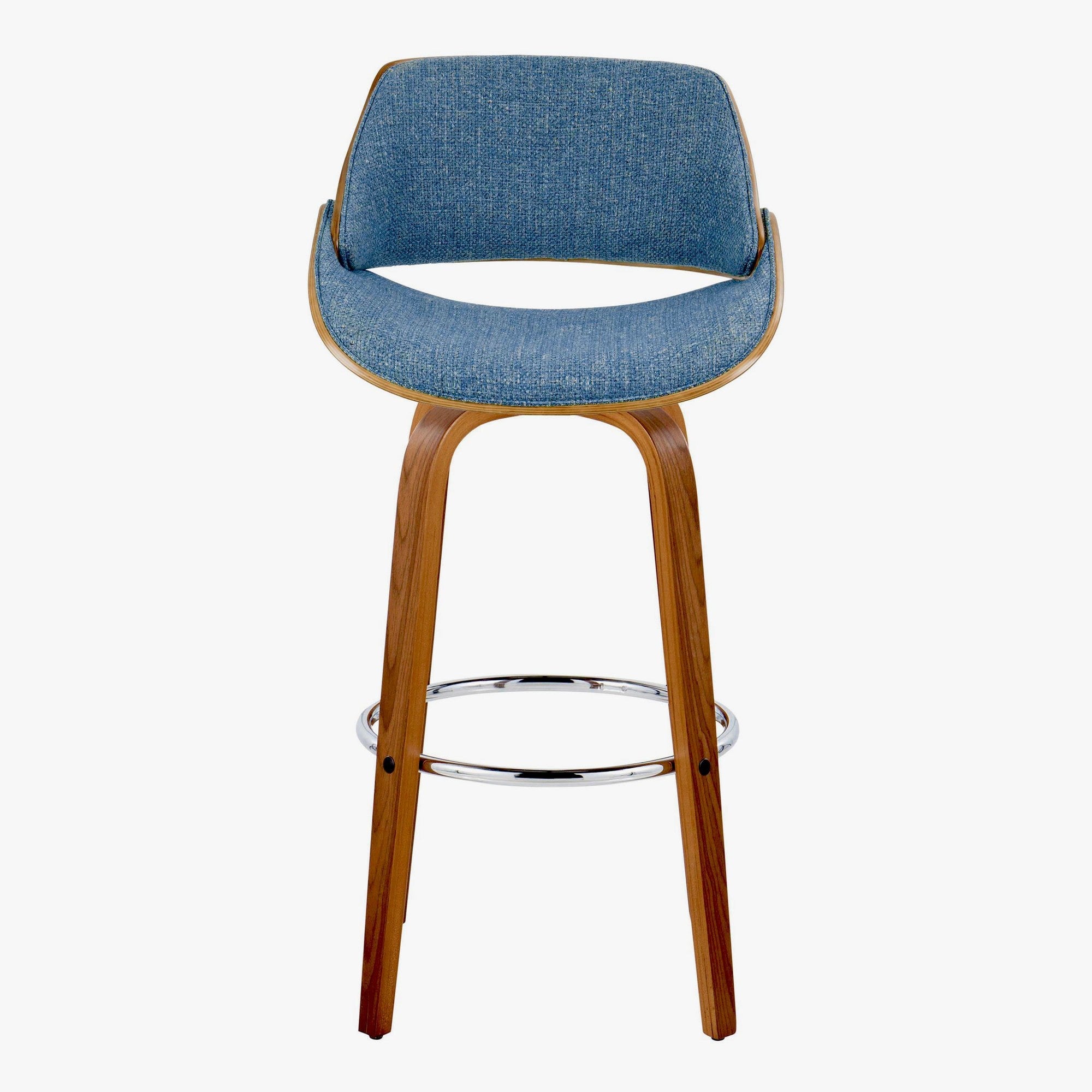 Fabrizzi 30" Fixed-Height Barstool - Set of 2 - Walnut Wood, Chrome Metal, Blue Fabric