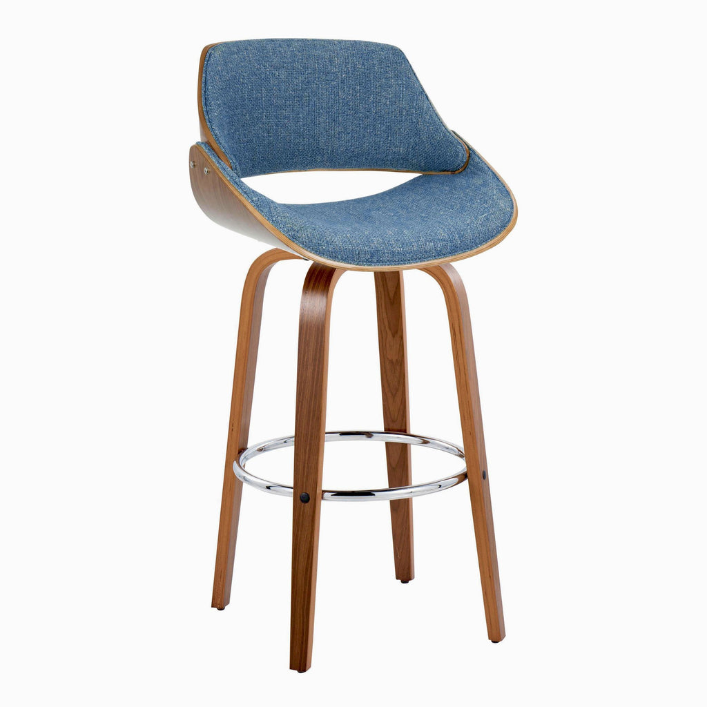 Fabrizzi 30" Fixed-Height Barstool - Set of 2 - Walnut Wood, Chrome Metal, Blue Fabric