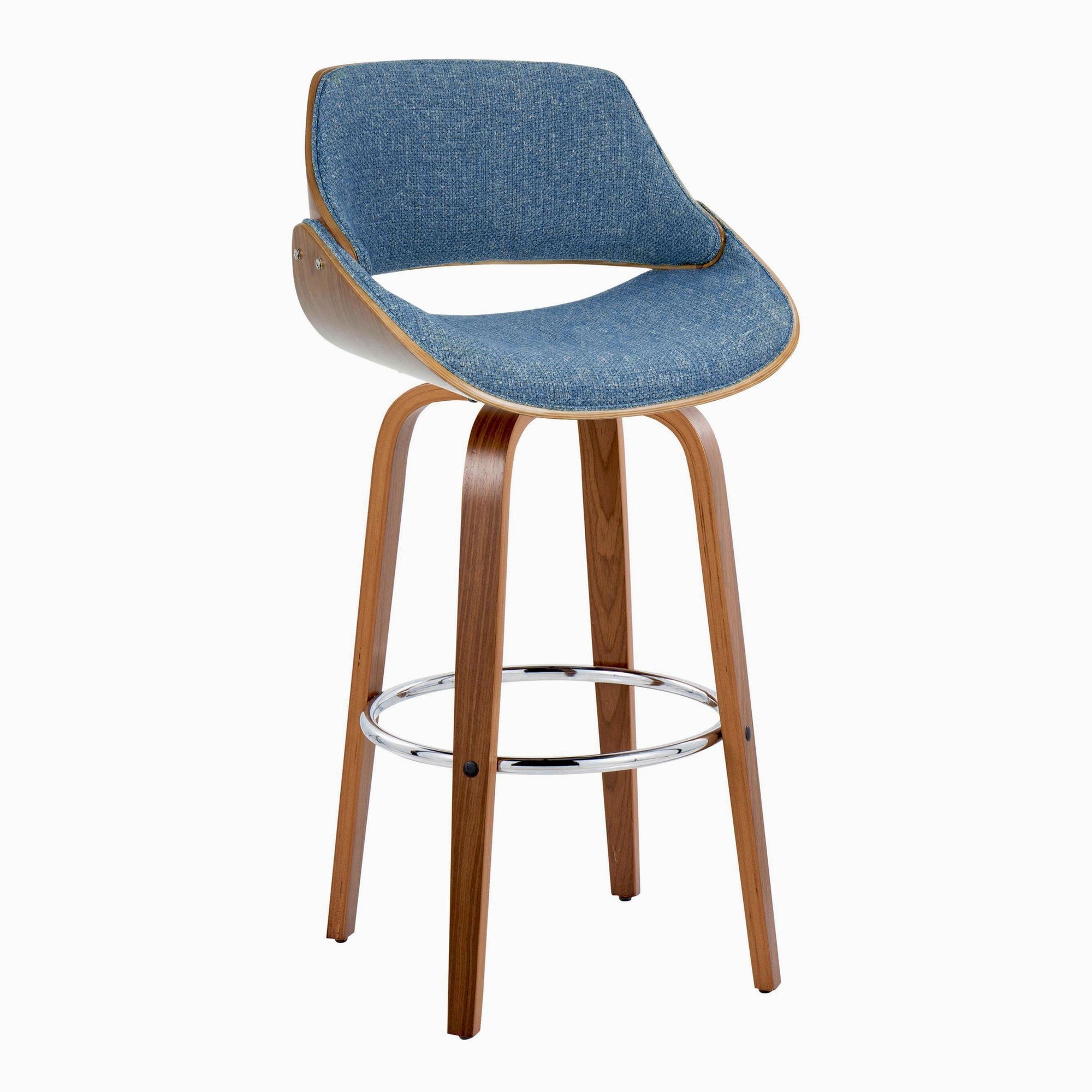 Fabrizzi 30" Fixed-Height Barstool - Set of 2 - Walnut Wood, Chrome Metal, Blue Fabric