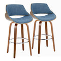 Fabrizzi 30" Fixed-Height Barstool - Set of 2 - Walnut Wood, Chrome Metal, Blue Fabric
