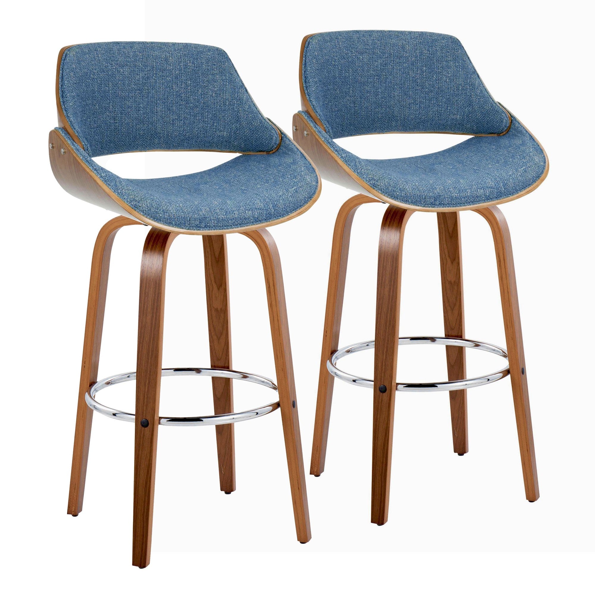 Fabrizzi 30" Fixed-Height Barstool - Set of 2 - Walnut Wood, Chrome Metal, Blue Fabric