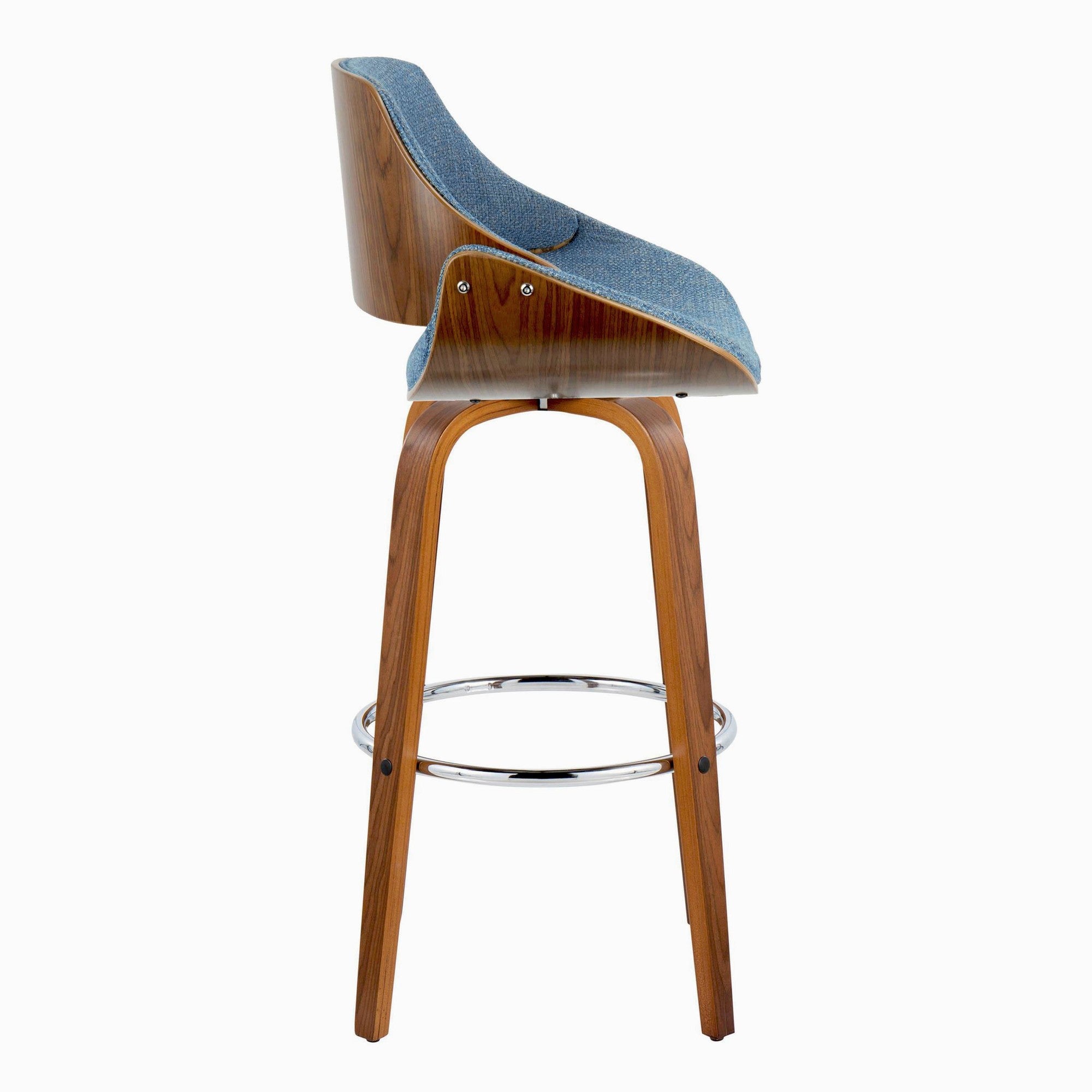 Fabrizzi 30" Fixed-Height Barstool - Set of 2 - Walnut Wood, Chrome Metal, Blue Fabric