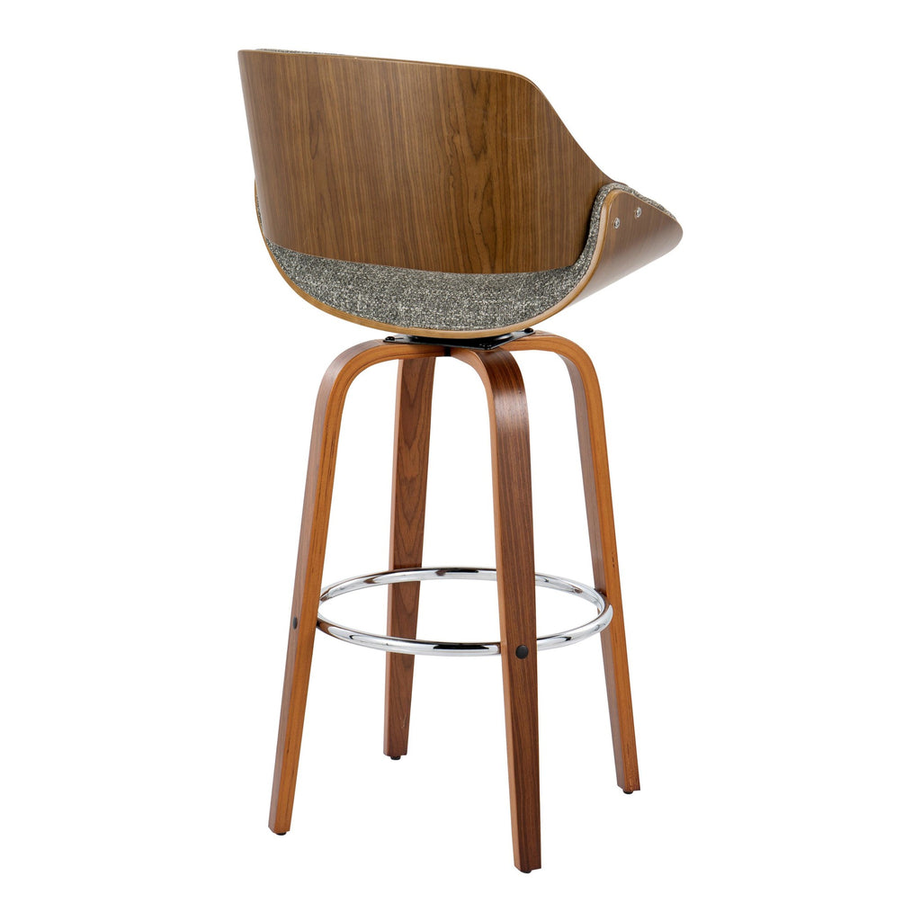 Fabrizzi 30" Fixed-Height Barstool - Set of 2 - Walnut Wood, Chrome Metal, Noise Grey Fabric