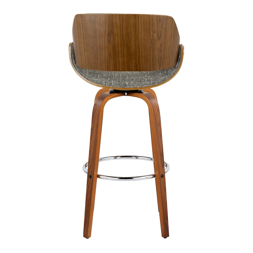 Fabrizzi 30" Fixed-Height Barstool - Set of 2 - Walnut Wood, Chrome Metal, Noise Grey Fabric