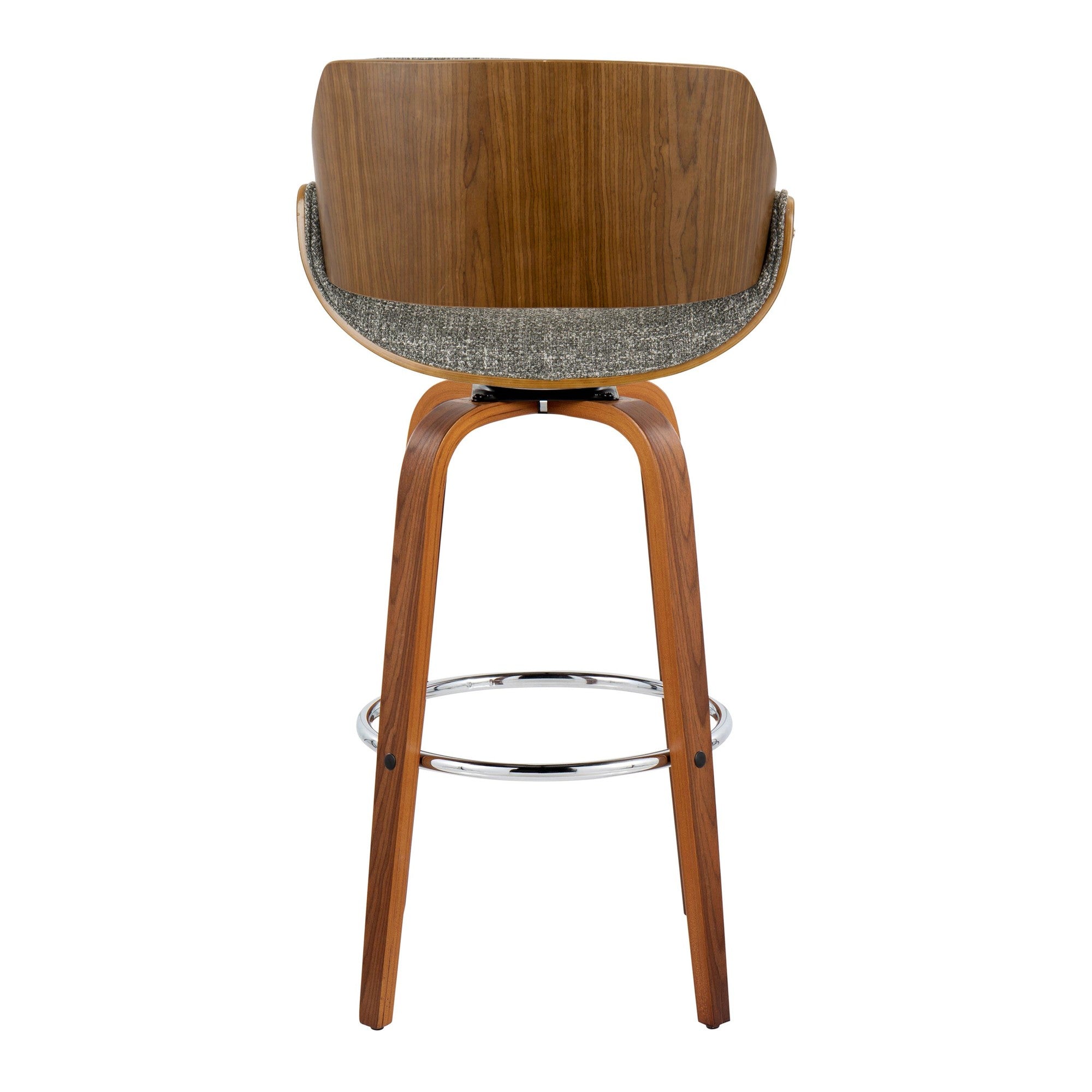 Fabrizzi 30" Fixed-Height Barstool - Set of 2 - Walnut Wood, Chrome Metal, Noise Grey Fabric