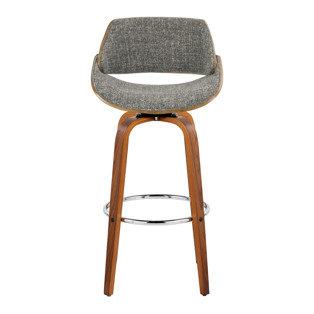 Fabrizzi 30" Fixed-Height Barstool - Set of 2 - Walnut Wood, Chrome Metal, Noise Grey Fabric