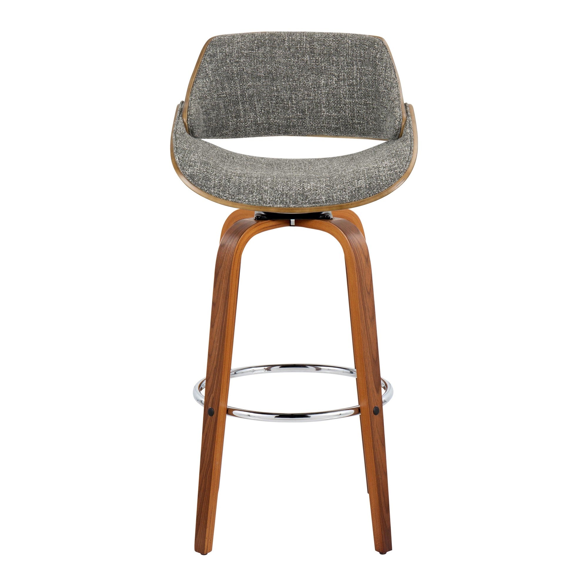 Fabrizzi 30" Fixed-Height Barstool - Set of 2 - Walnut Wood, Chrome Metal, Noise Grey Fabric