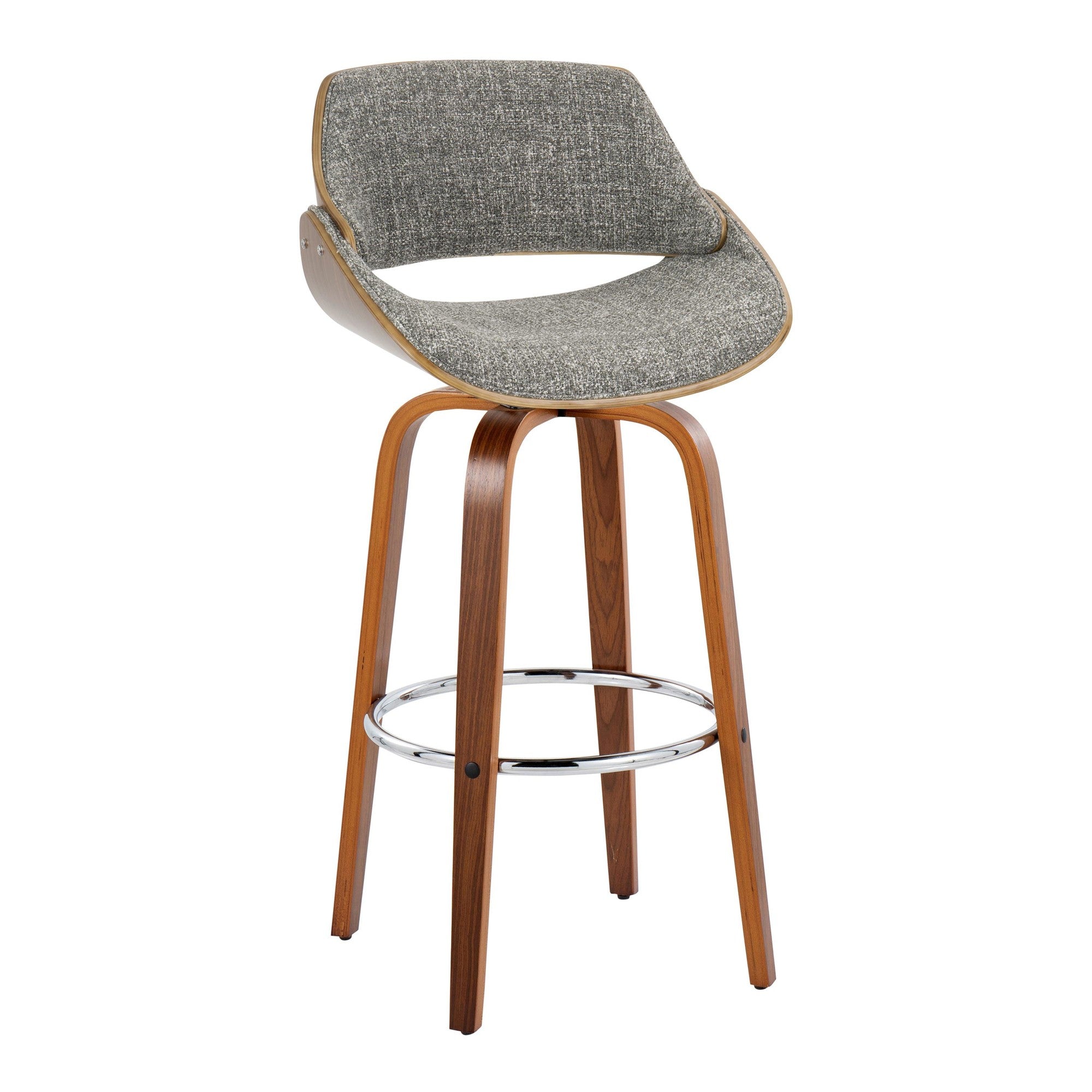 Fabrizzi 30" Fixed-Height Barstool - Set of 2 - Walnut Wood, Chrome Metal, Noise Grey Fabric
