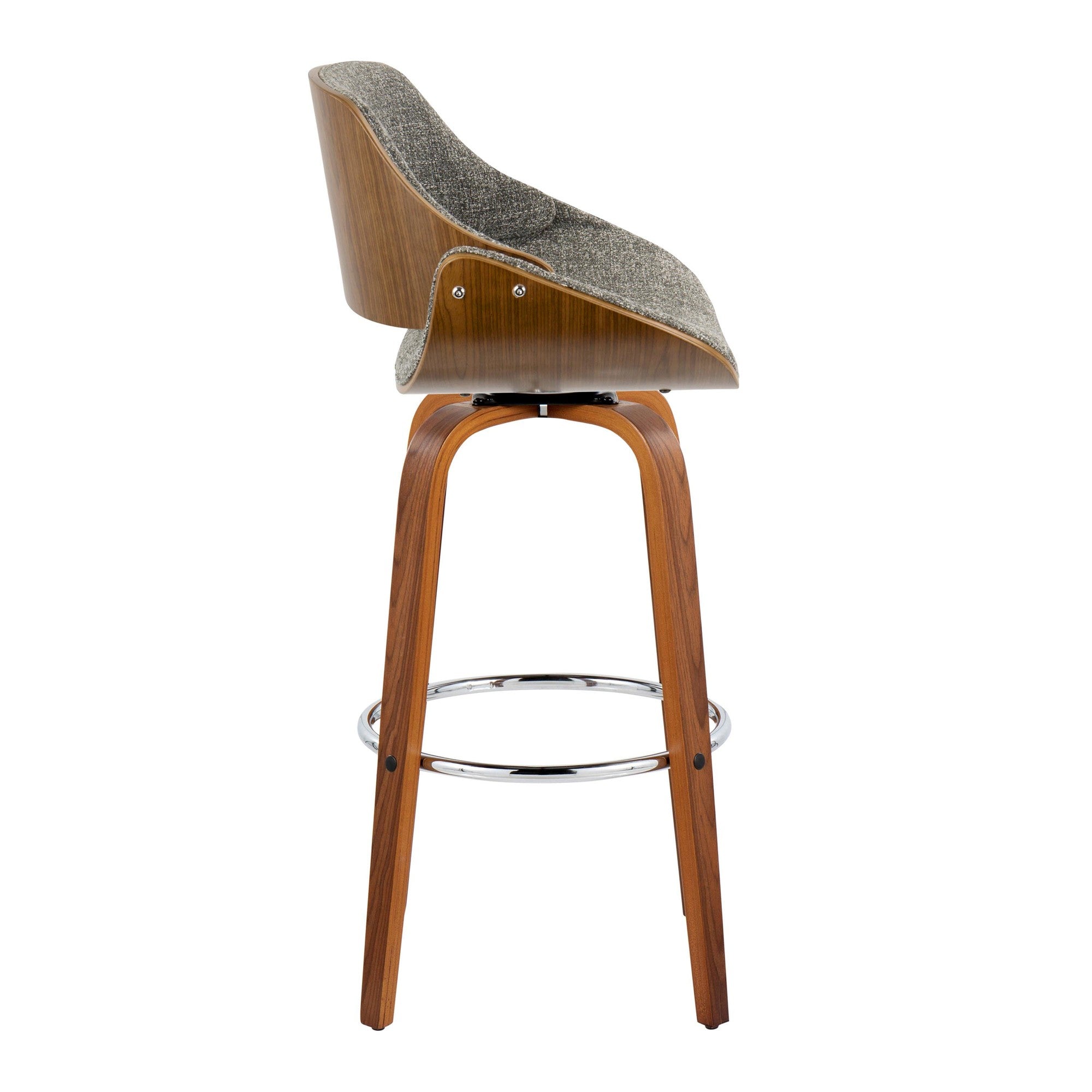 Fabrizzi 30" Fixed-Height Barstool - Set of 2 - Walnut Wood, Chrome Metal, Noise Grey Fabric