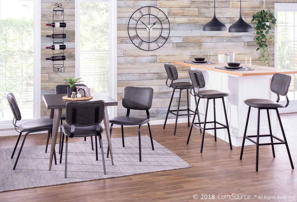 Foundry 30" Fixed-Height Barstool - Set of 2 - Black Metal, Grey PU, Grey Zig Zag Stitching