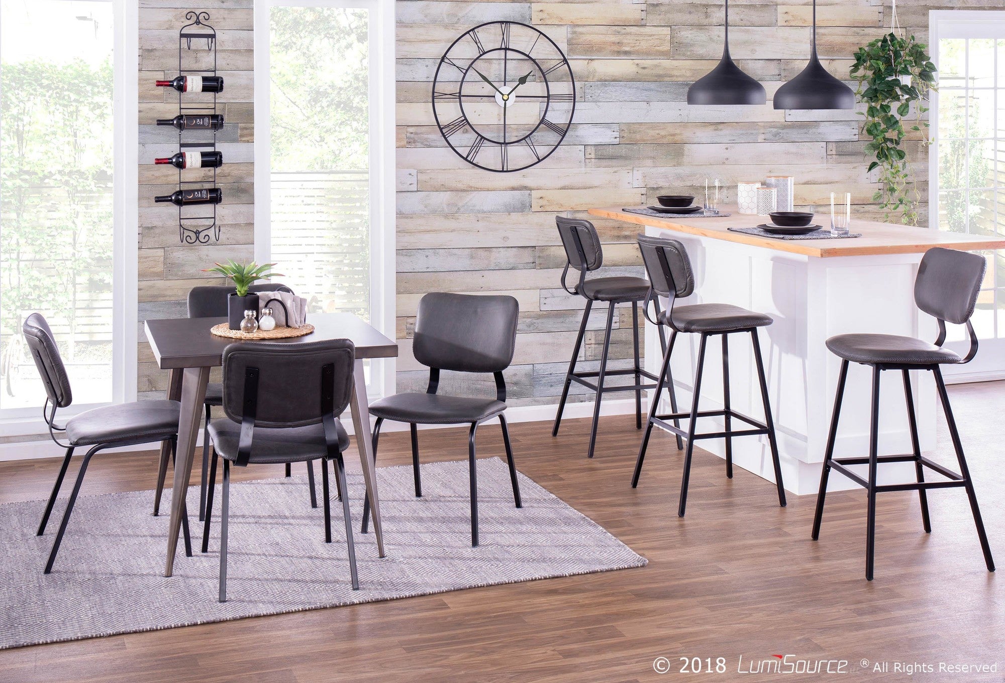 Foundry 30" Fixed-Height Barstool - Set of 2 - Black Metal, Grey PU, Grey Zig Zag Stitching