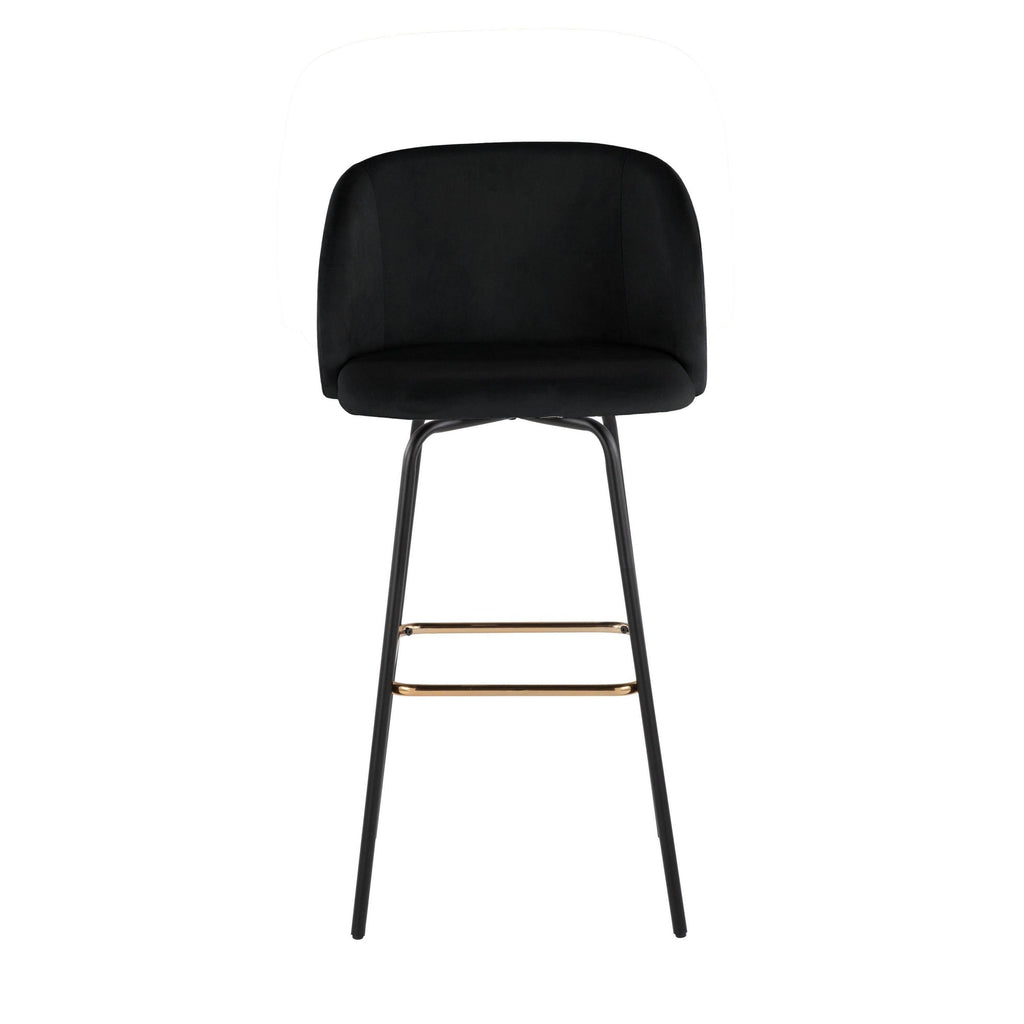 Fran 30" Swivel Fixed-Height Barstool - Set of 2 - Black Metal, Black Velvet, Gold Metal