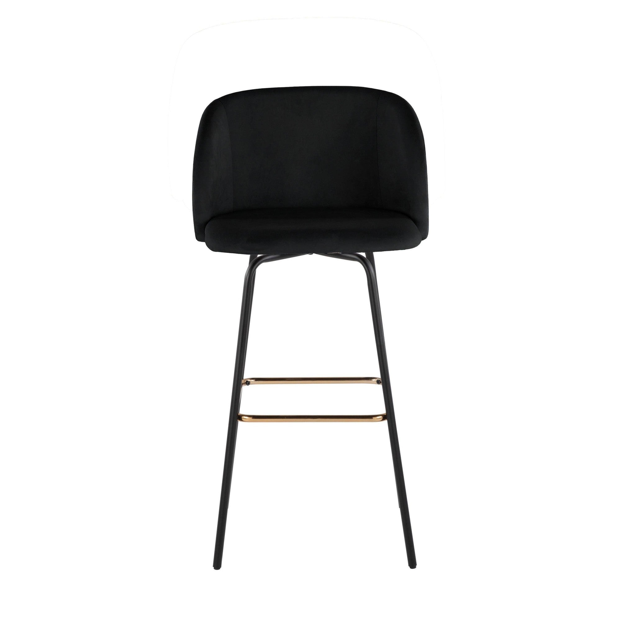 Fran 30" Swivel Fixed-Height Barstool - Set of 2 - Black Metal, Black Velvet, Gold Metal