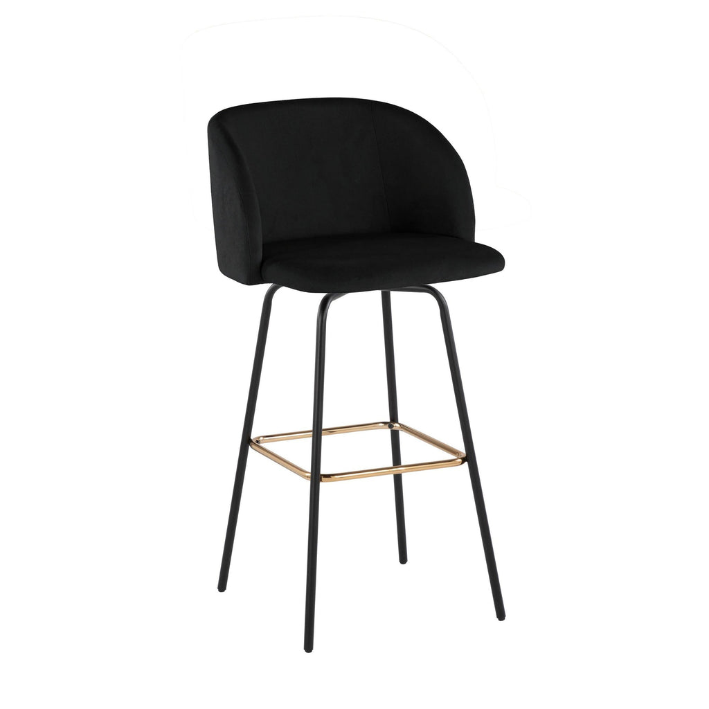 Fran 30" Swivel Fixed-Height Barstool - Set of 2 - Black Metal, Black Velvet, Gold Metal