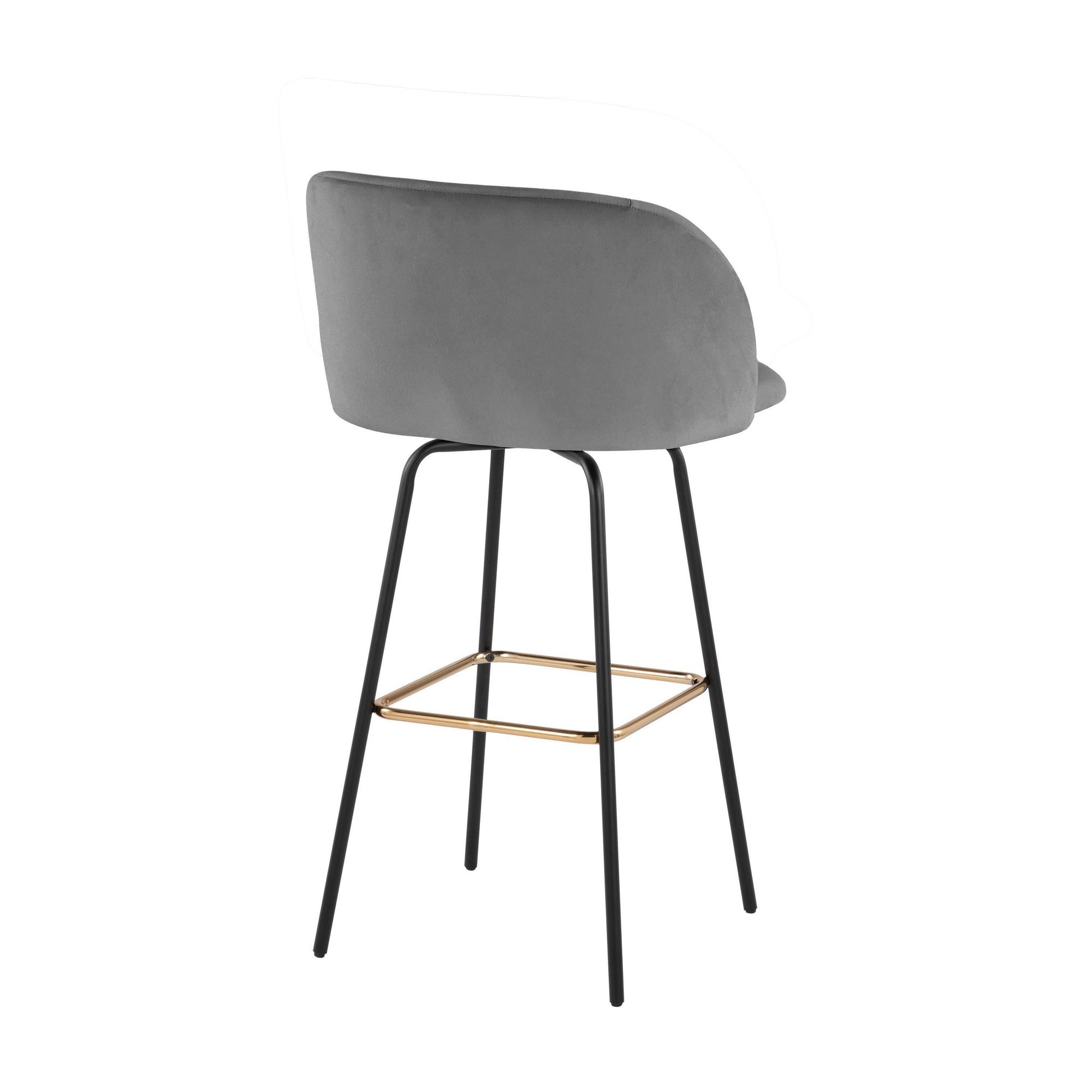 Fran 30" Swivel Fixed-Height Barstool - Set of 2 - Black Metal, Grey Velvet, Gold Metal