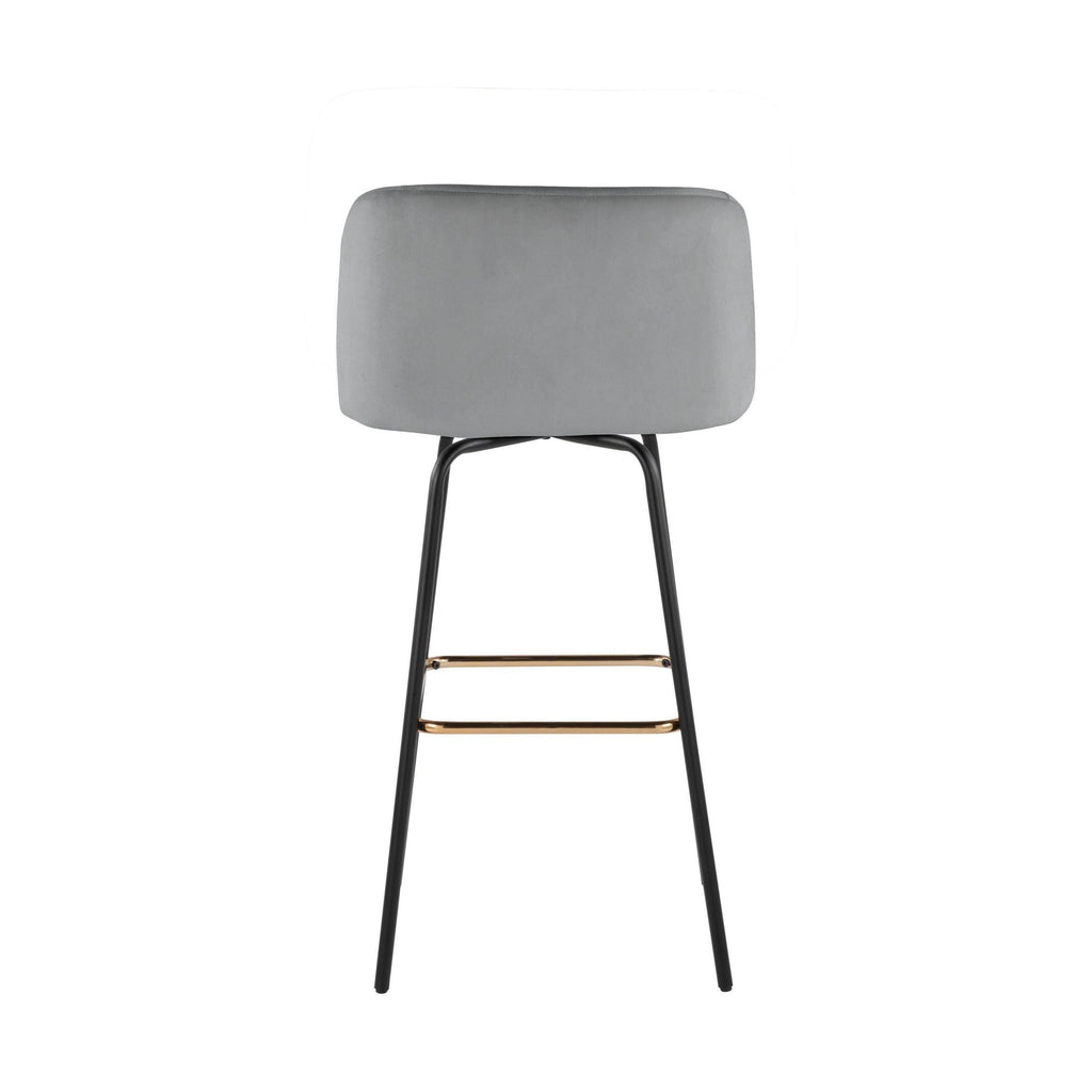 Fran 30" Swivel Fixed-Height Barstool - Set of 2 - Black Metal, Grey Velvet, Gold Metal