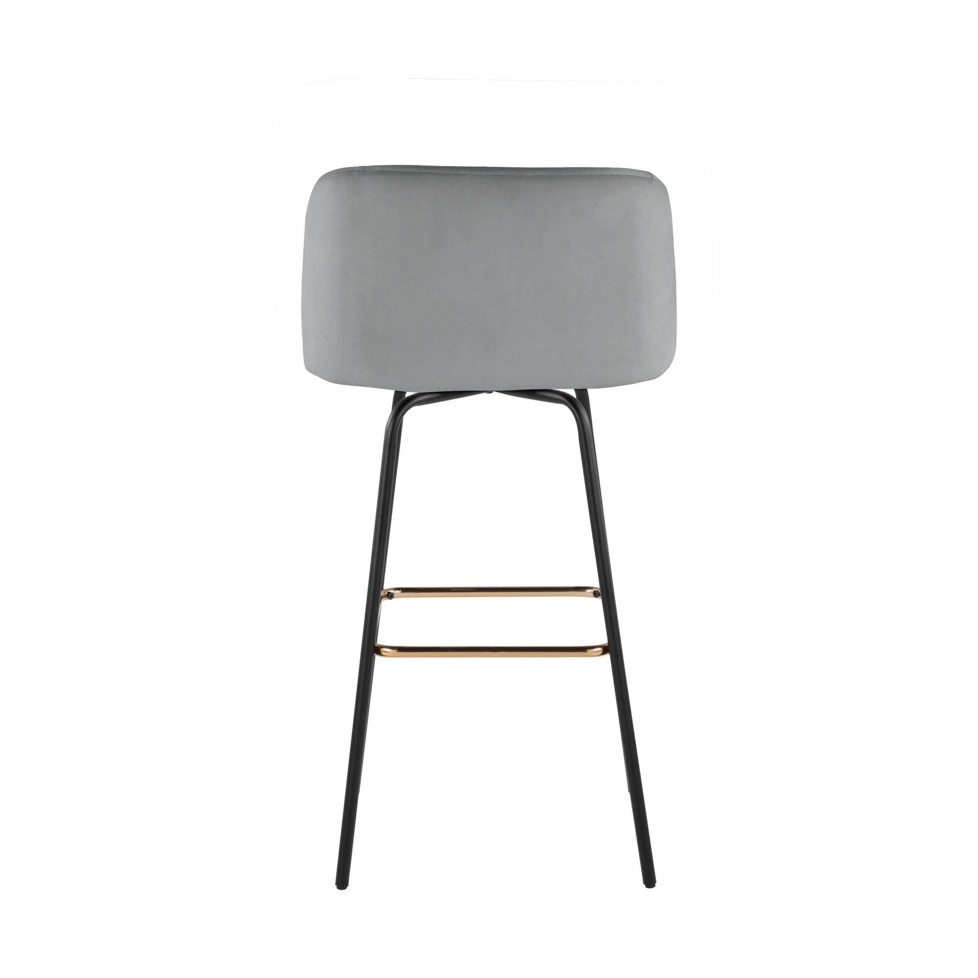 Fran 30" Swivel Fixed-Height Barstool - Set of 2 - Black Metal, Grey Velvet, Gold Metal