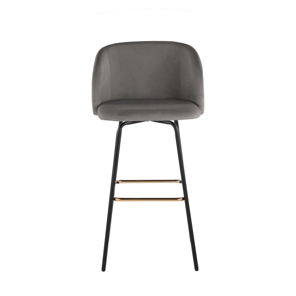 Fran 30" Swivel Fixed-Height Barstool - Set of 2 - Black Metal, Grey Velvet, Gold Metal
