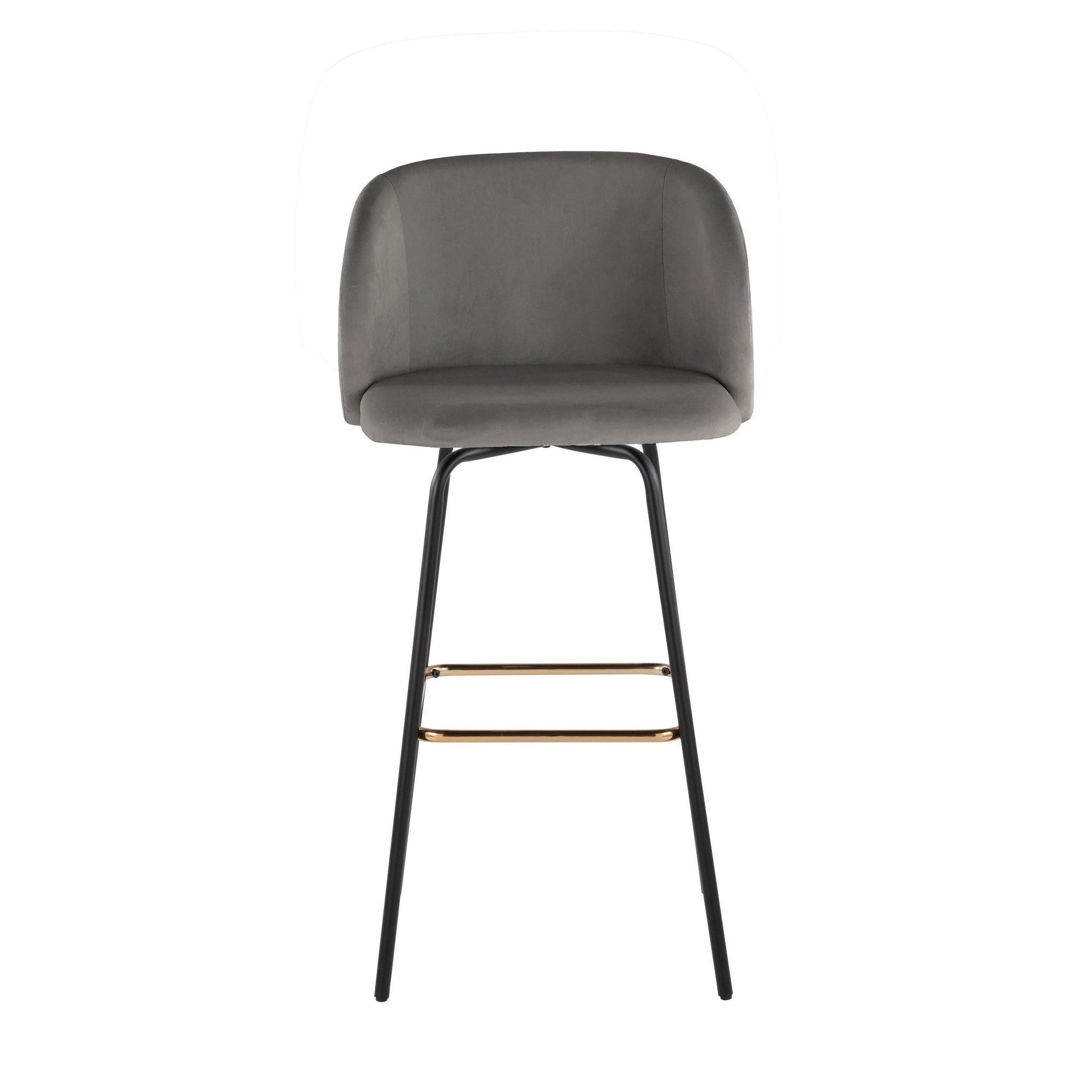 Fran 30" Swivel Fixed-Height Barstool - Set of 2 - Black Metal, Grey Velvet, Gold Metal
