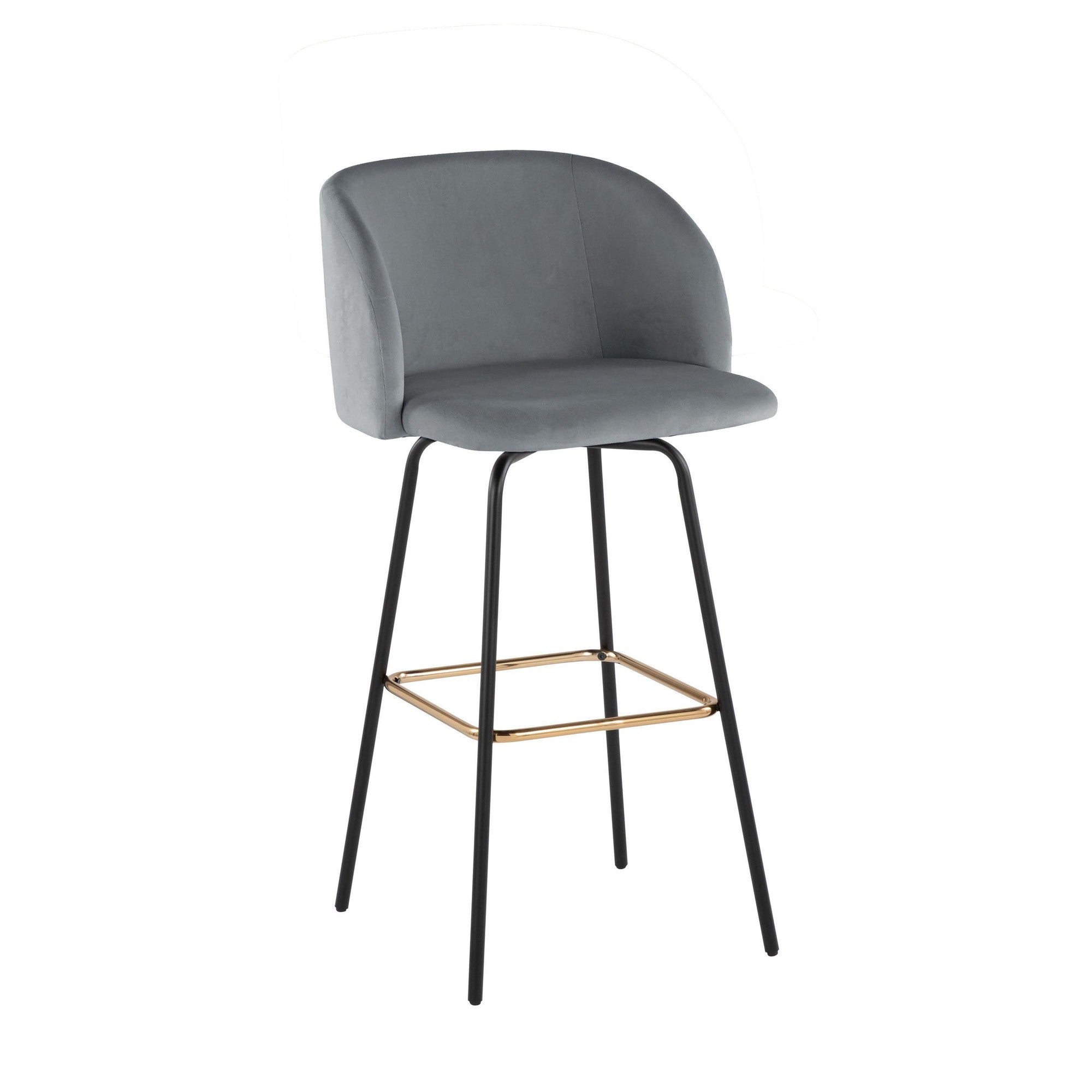 Fran 30" Swivel Fixed-Height Barstool - Set of 2 - Black Metal, Grey Velvet, Gold Metal