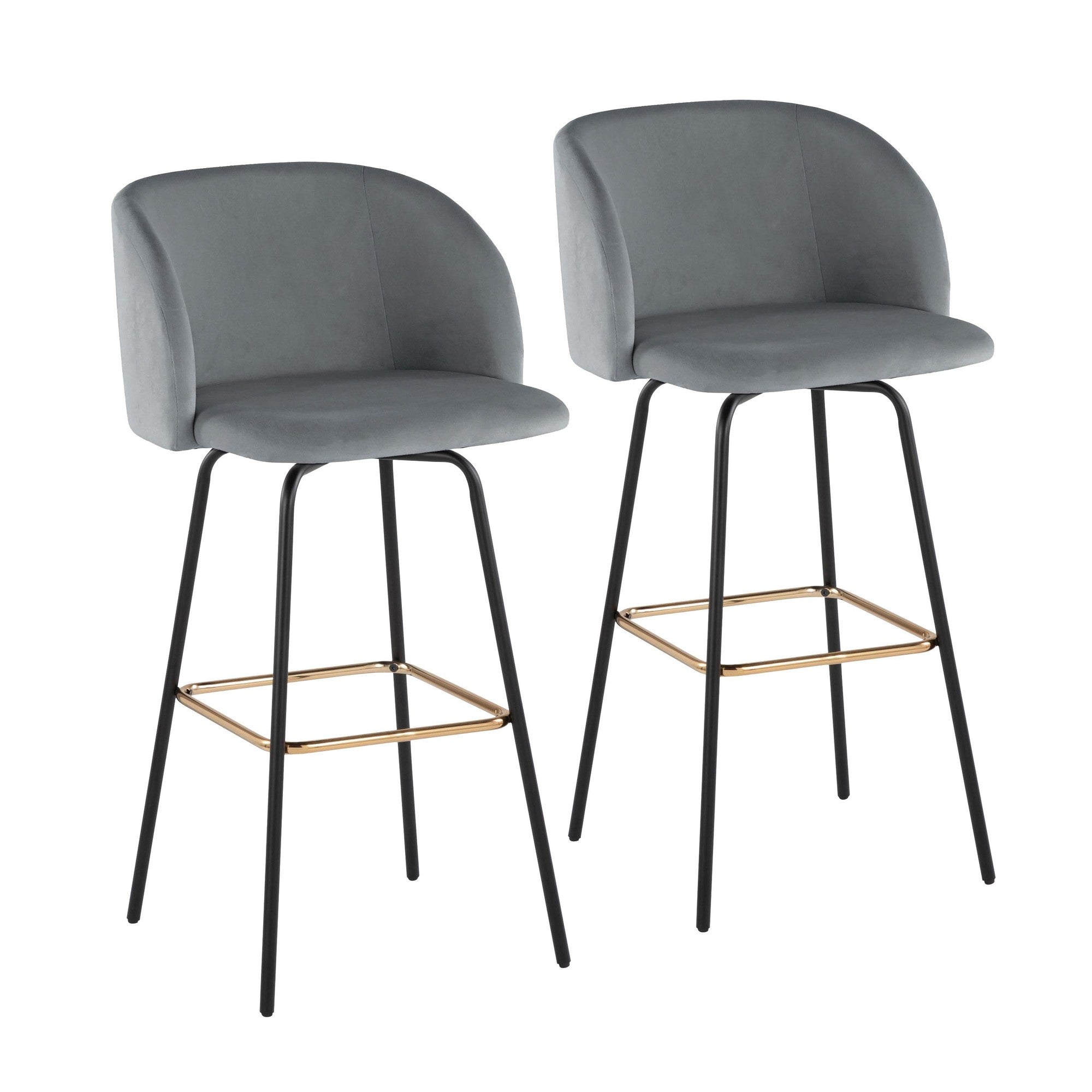 Fran 30" Swivel Fixed-Height Barstool - Set of 2 - Black Metal, Grey Velvet, Gold Metal