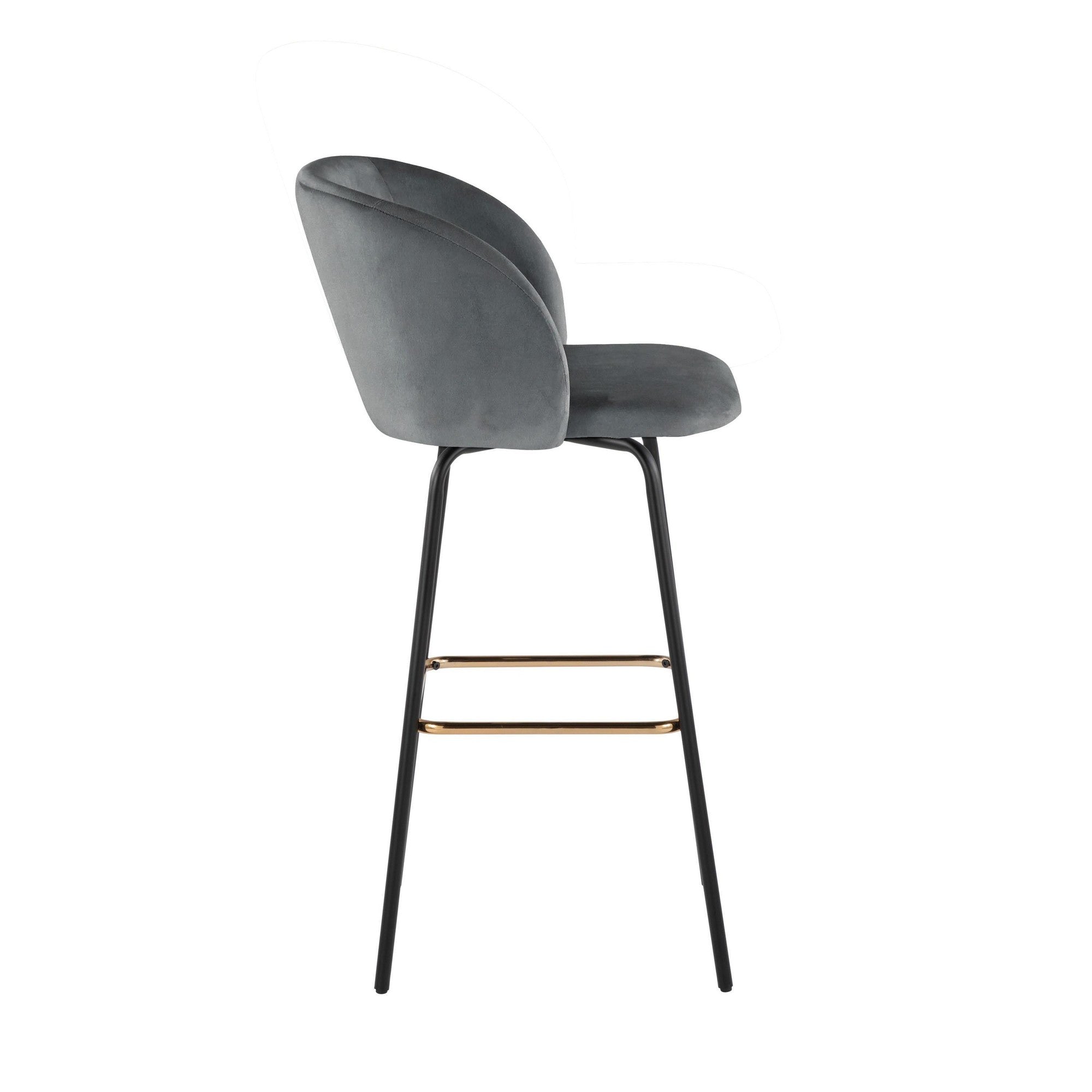 Fran 30" Swivel Fixed-Height Barstool - Set of 2 - Black Metal, Grey Velvet, Gold Metal