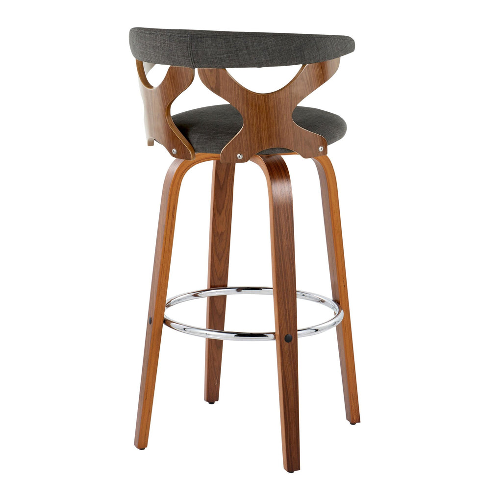 Gardenia 30" Fixed-Height Barstool - Set of 2 - Chrome Metal, Walnut Wood, Charcoal Fabric