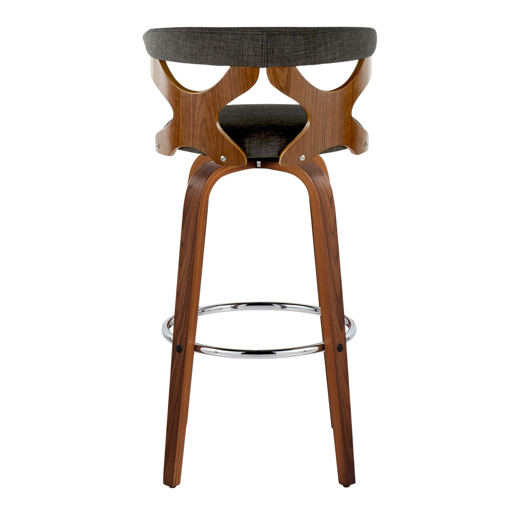 Gardenia 30" Fixed-Height Barstool - Set of 2 - Chrome Metal, Walnut Wood, Charcoal Fabric