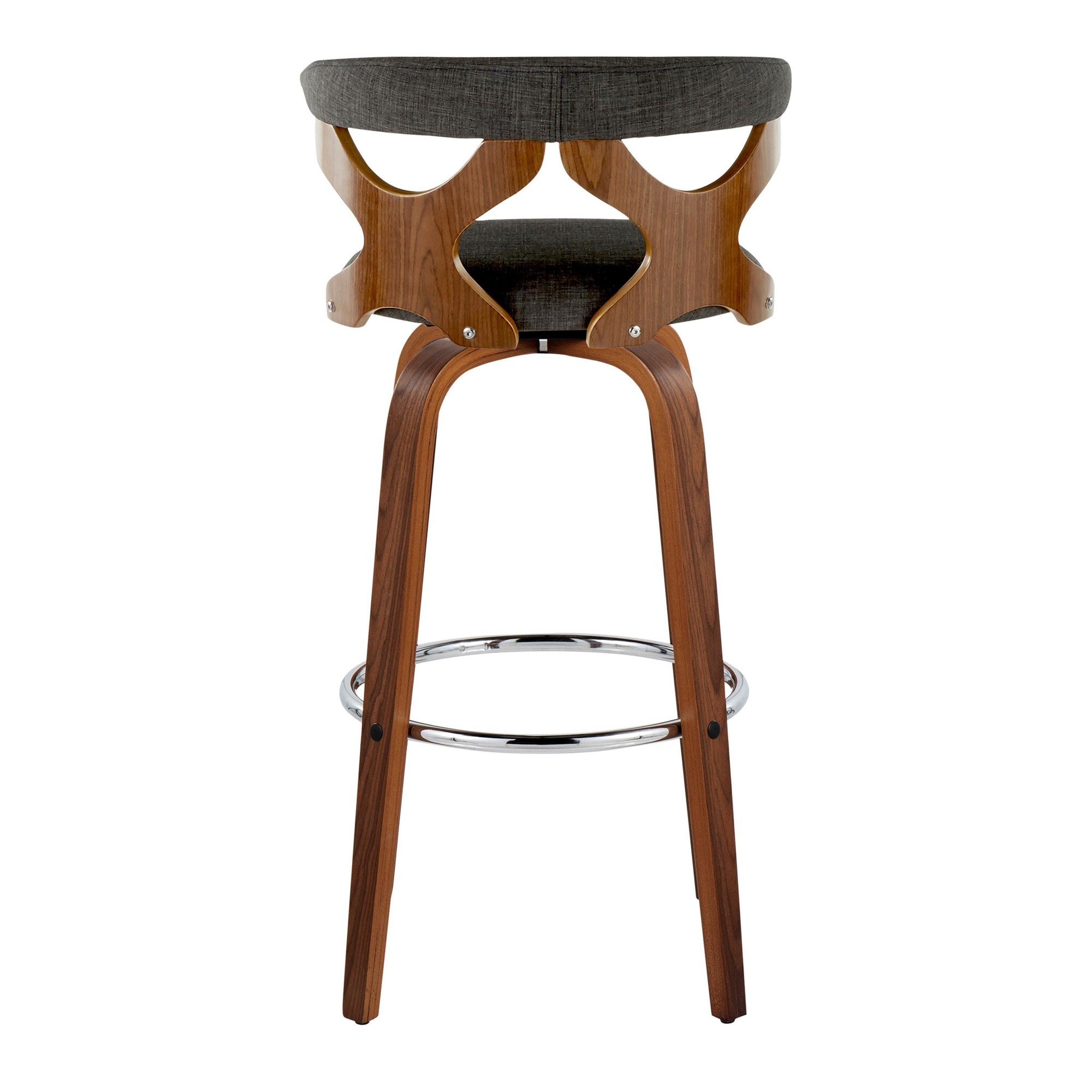 Gardenia 30" Fixed-Height Barstool - Set of 2 - Chrome Metal, Walnut Wood, Charcoal Fabric