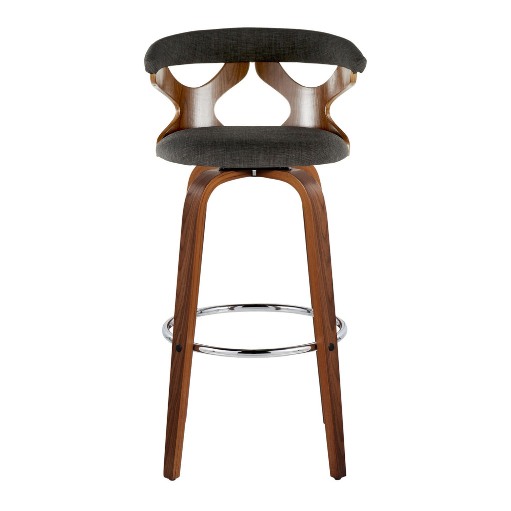 Gardenia 30" Fixed-Height Barstool - Set of 2 - Chrome Metal, Walnut Wood, Charcoal Fabric