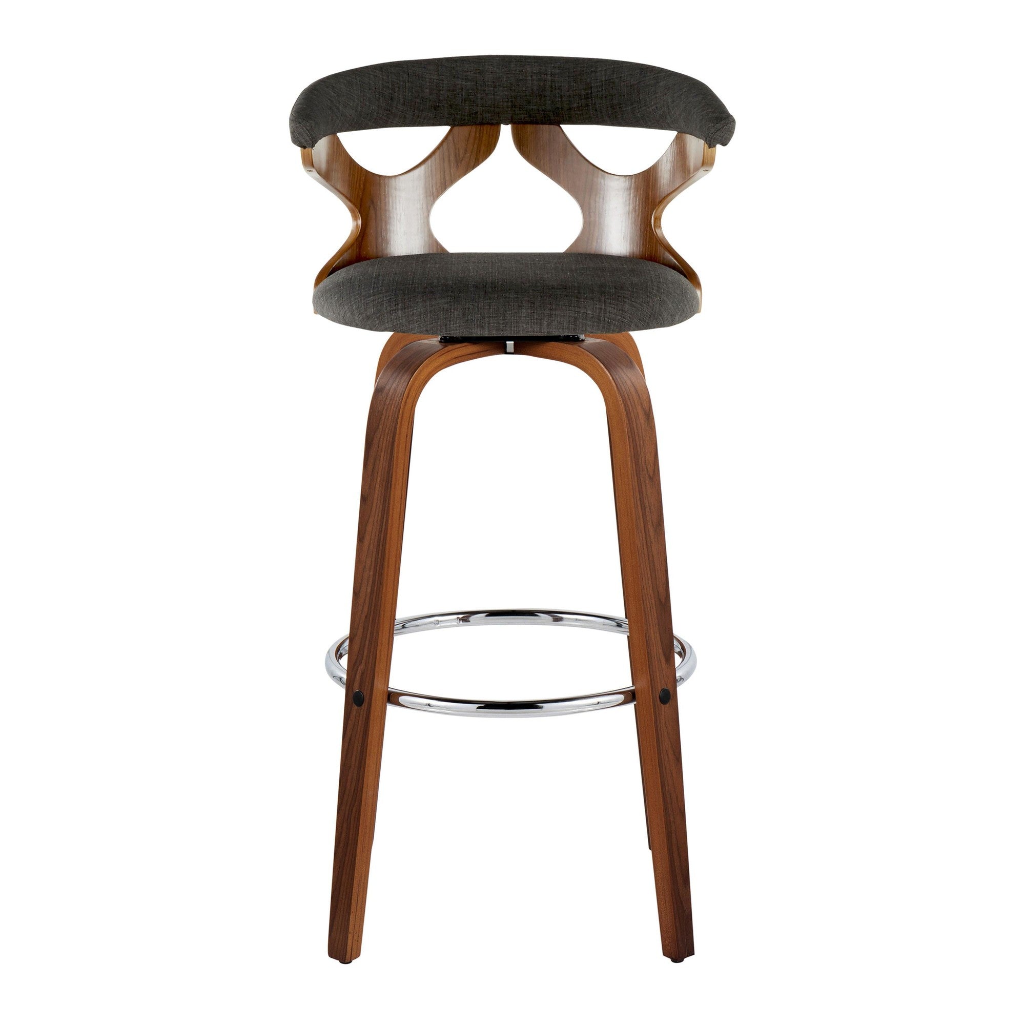Gardenia 30" Fixed-Height Barstool - Set of 2 - Chrome Metal, Walnut Wood, Charcoal Fabric