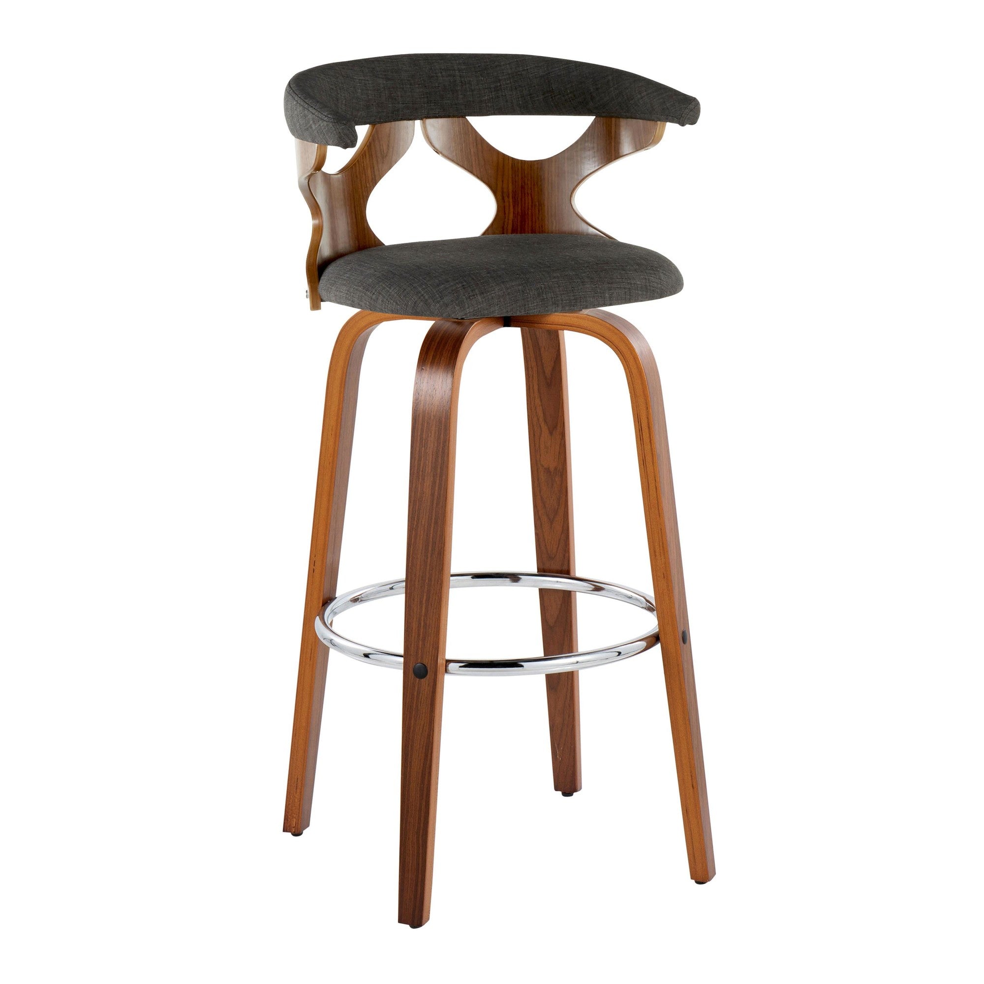 Gardenia 30" Fixed-Height Barstool - Set of 2 - Chrome Metal, Walnut Wood, Charcoal Fabric
