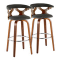 Gardenia 30" Fixed-Height Barstool - Set of 2 - Chrome Metal, Walnut Wood, Charcoal Fabric