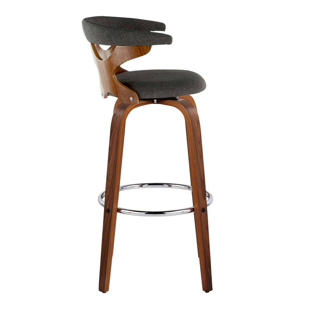 Gardenia 30" Fixed-Height Barstool - Set of 2 - Chrome Metal, Walnut Wood, Charcoal Fabric