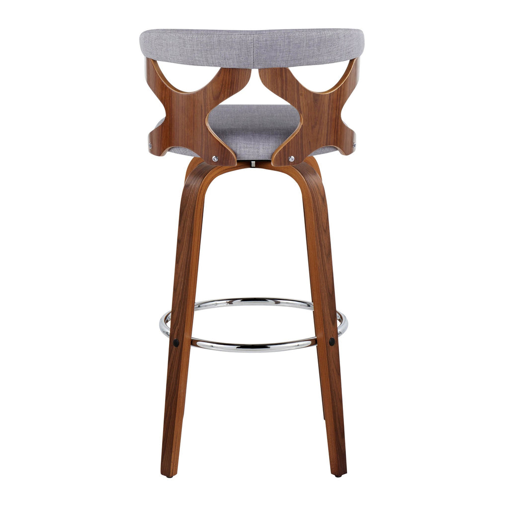 Gardenia 30" Fixed-Height Barstool - Set of 2 - Chrome Metal, Walnut Wood, Light Grey Fabric