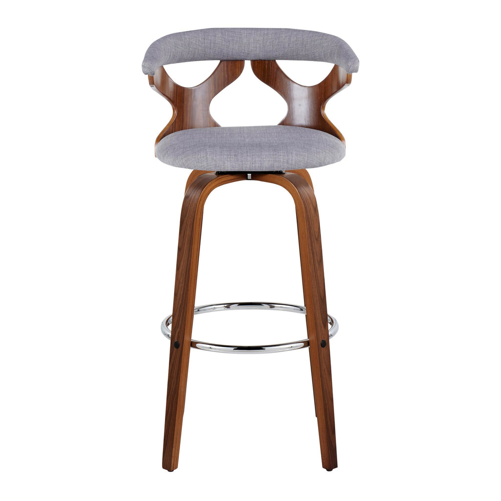 Gardenia 30" Fixed-Height Barstool - Set of 2 - Chrome Metal, Walnut Wood, Light Grey Fabric