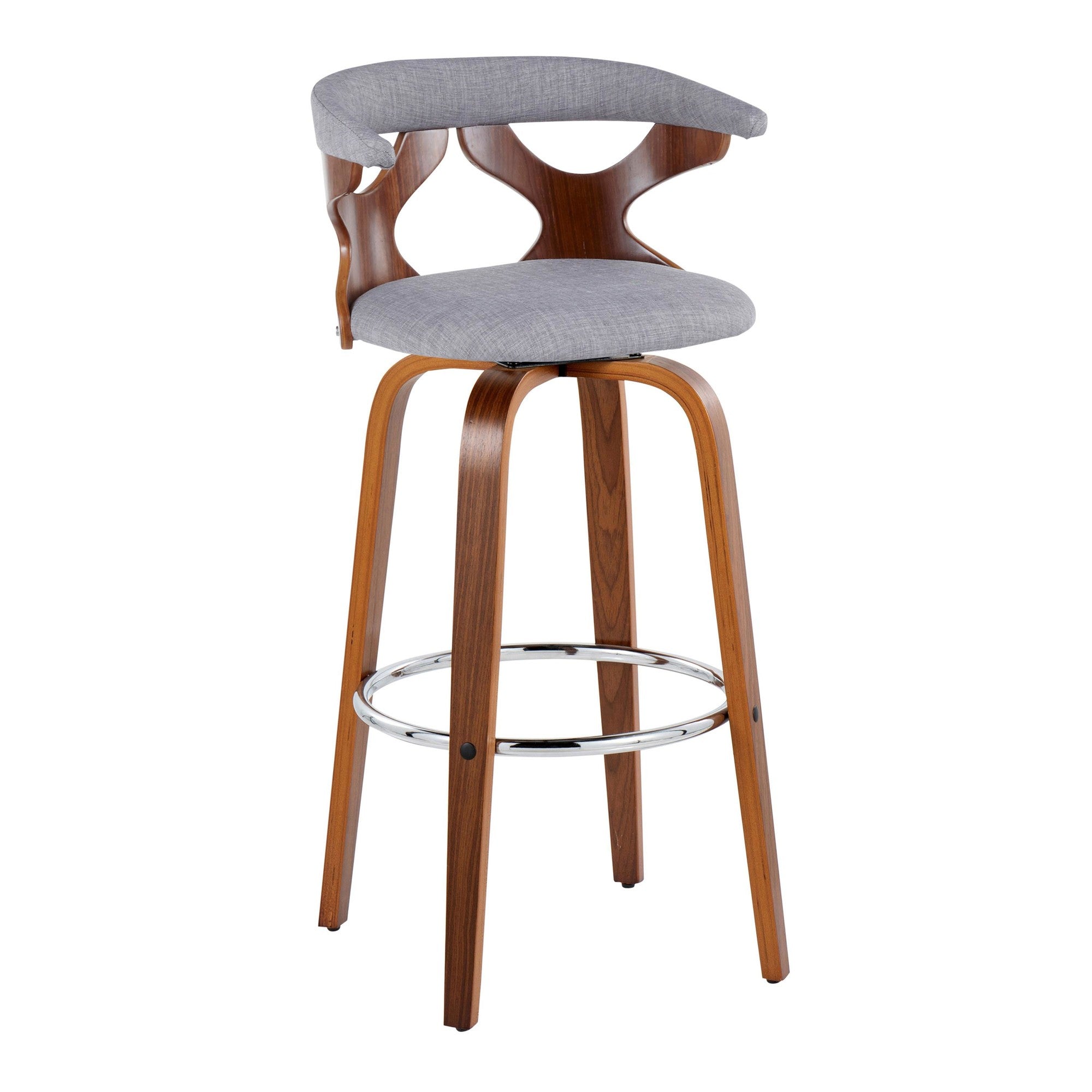 Gardenia 30" Fixed-Height Barstool - Set of 2 - Chrome Metal, Walnut Wood, Light Grey Fabric