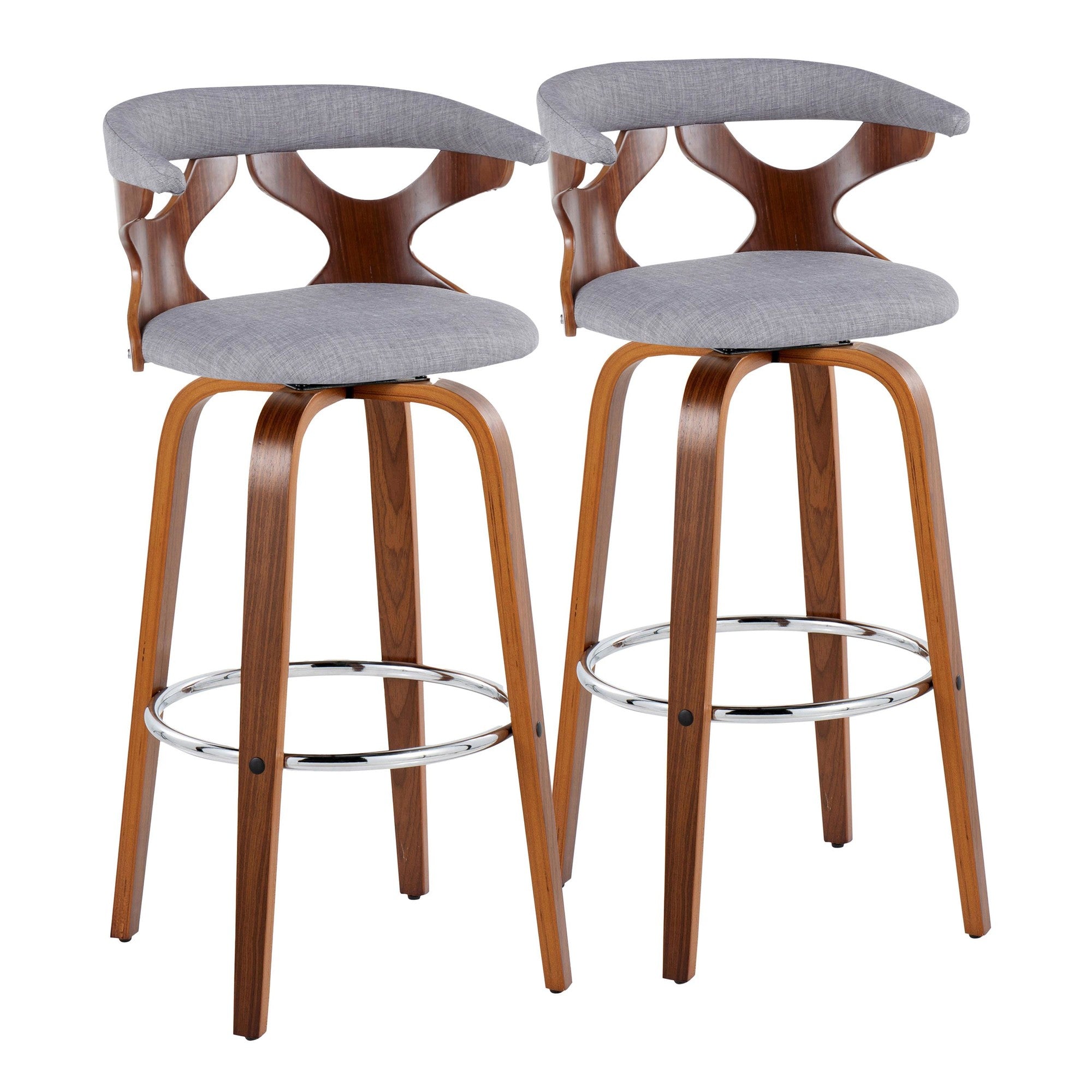 Gardenia 30" Fixed-Height Barstool - Set of 2 - Chrome Metal, Walnut Wood, Light Grey Fabric
