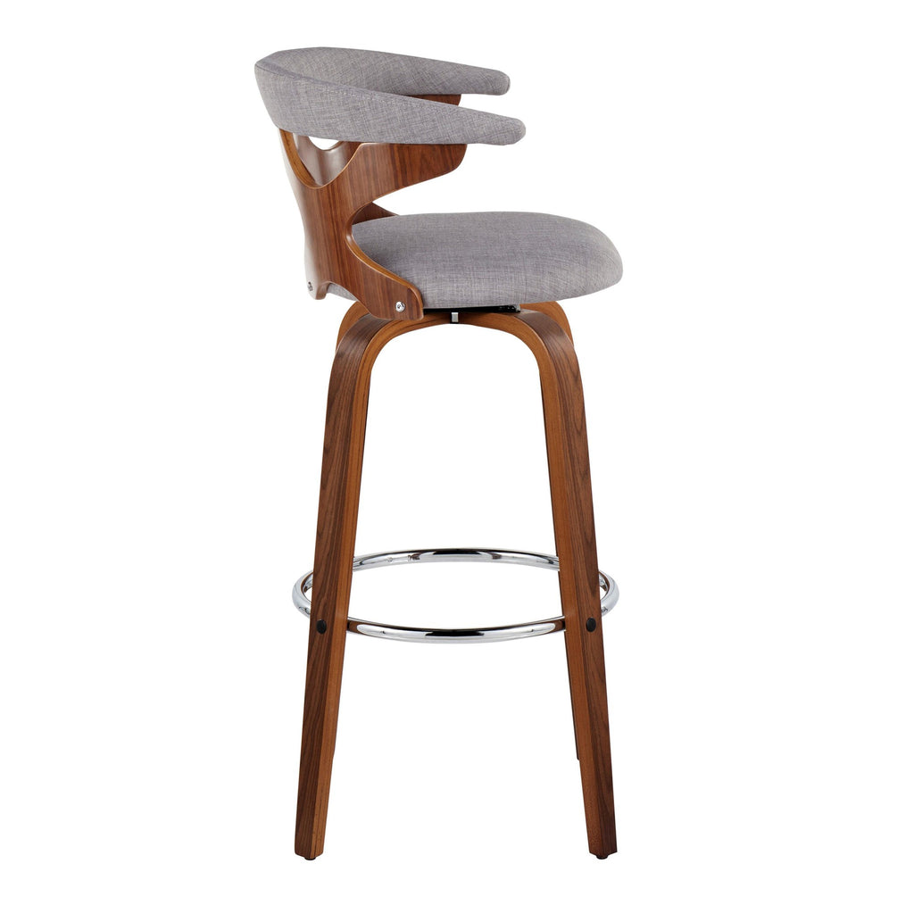 Gardenia 30" Fixed-Height Barstool - Set of 2 - Chrome Metal, Walnut Wood, Light Grey Fabric