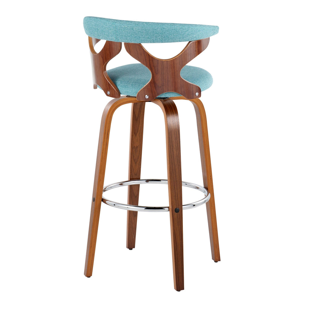 Gardenia 30" Fixed-Height Barstool - Set of 2 - Chrome Metal, Walnut Wood, Teal Fabric