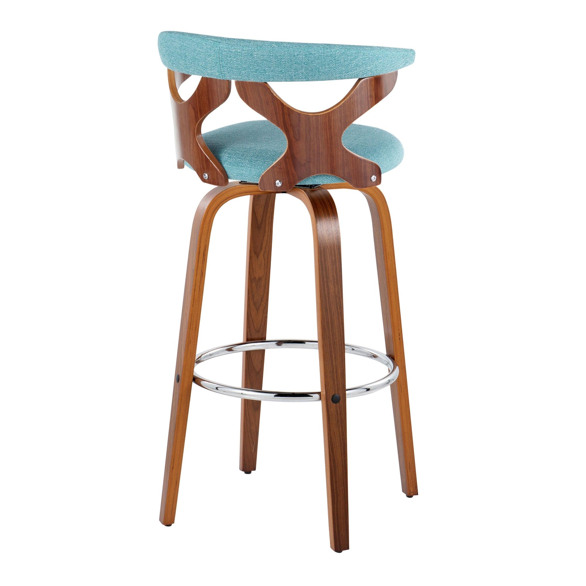 Gardenia 30" Fixed-Height Barstool - Set of 2 - Chrome Metal, Walnut Wood, Teal Fabric