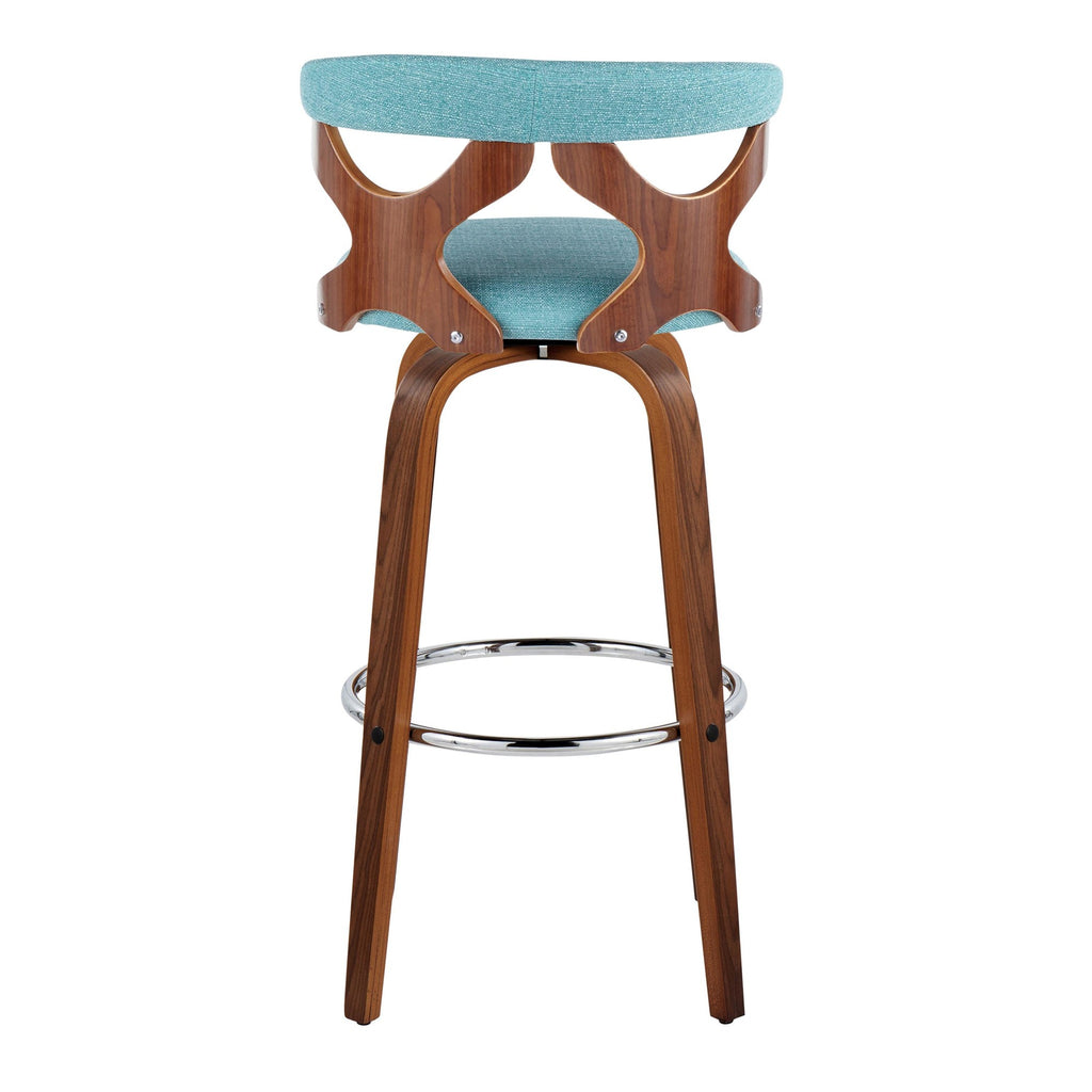 Gardenia 30" Fixed-Height Barstool - Set of 2 - Chrome Metal, Walnut Wood, Teal Fabric