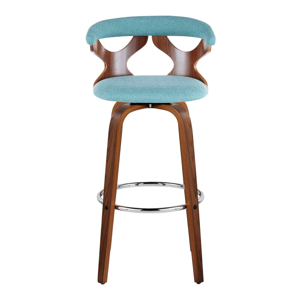 Gardenia 30" Fixed-Height Barstool - Set of 2 - Chrome Metal, Walnut Wood, Teal Fabric