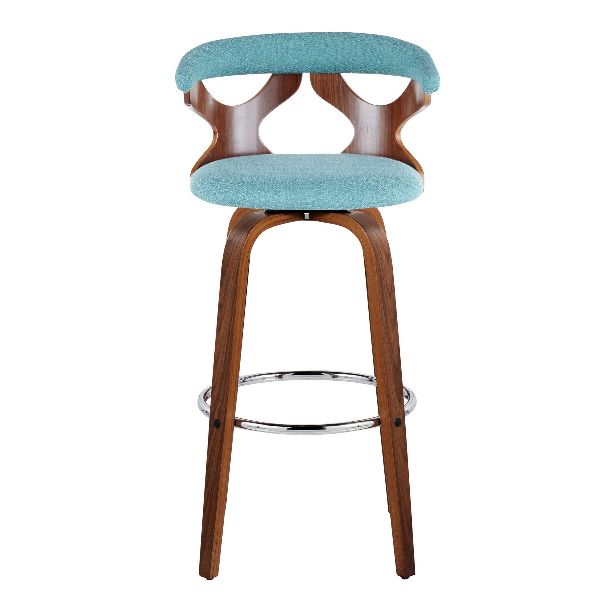 Gardenia 30" Fixed-Height Barstool - Set of 2 - Chrome Metal, Walnut Wood, Teal Fabric