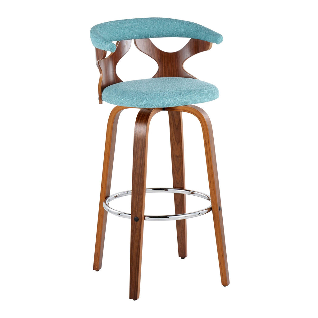 Gardenia 30" Fixed-Height Barstool - Set of 2 - Chrome Metal, Walnut Wood, Teal Fabric