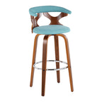 Gardenia 30" Fixed-Height Barstool - Set of 2 - Chrome Metal, Walnut Wood, Teal Fabric
