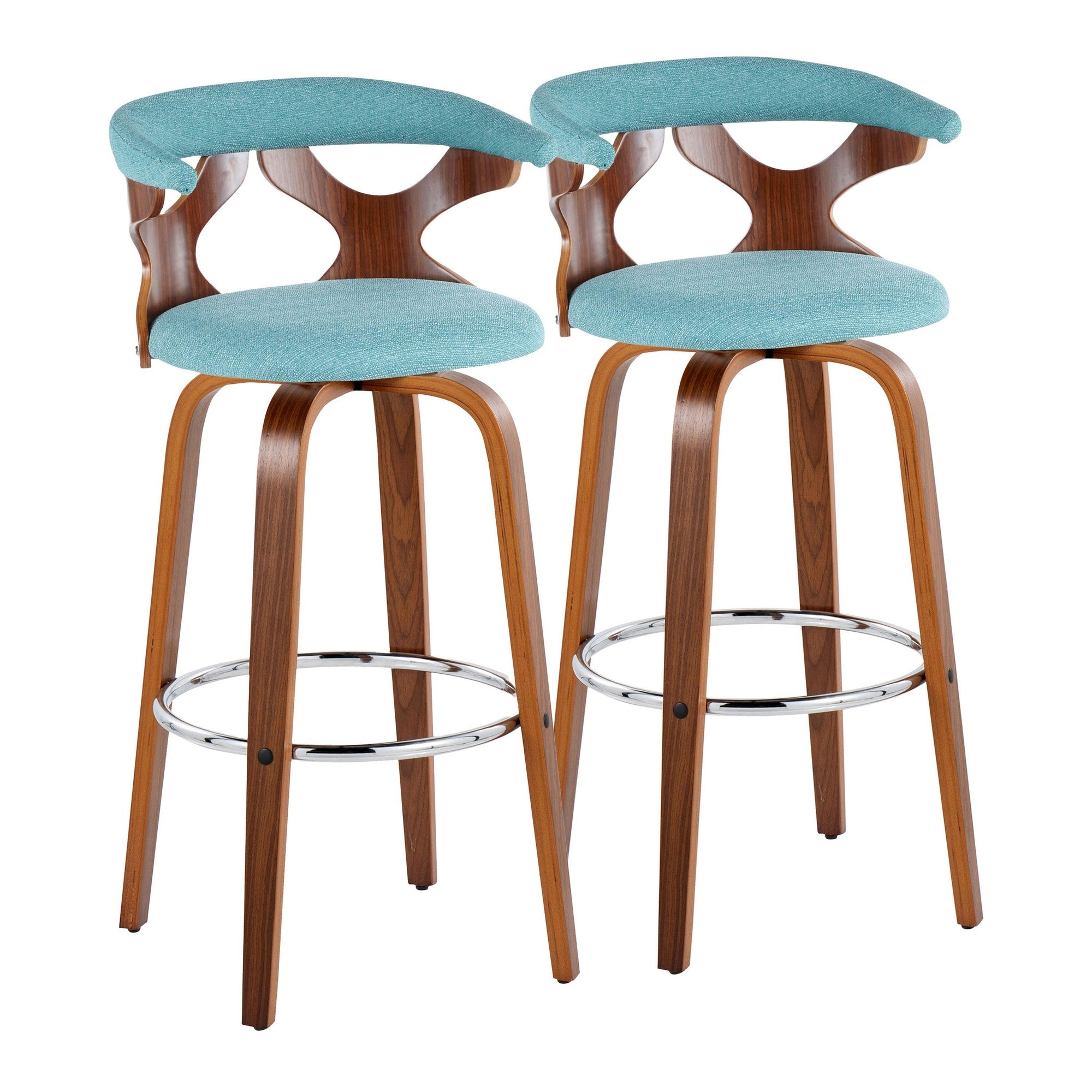 Gardenia 30" Fixed-Height Barstool - Set of 2 - Chrome Metal, Walnut Wood, Teal Fabric