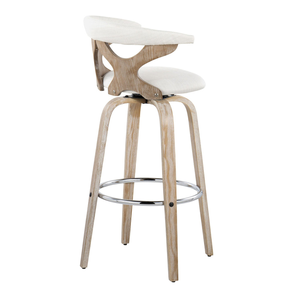 Gardenia 30" Fixed-Height Barstool - Set of 2 - Whitewashed Wood, Chrome Metal, Cream Fabric