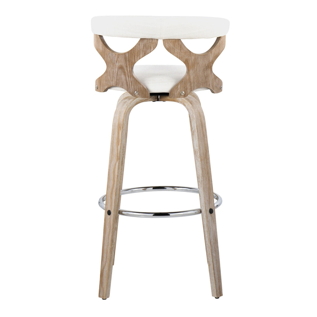 Gardenia 30" Fixed-Height Barstool - Set of 2 - Whitewashed Wood, Chrome Metal, Cream Fabric