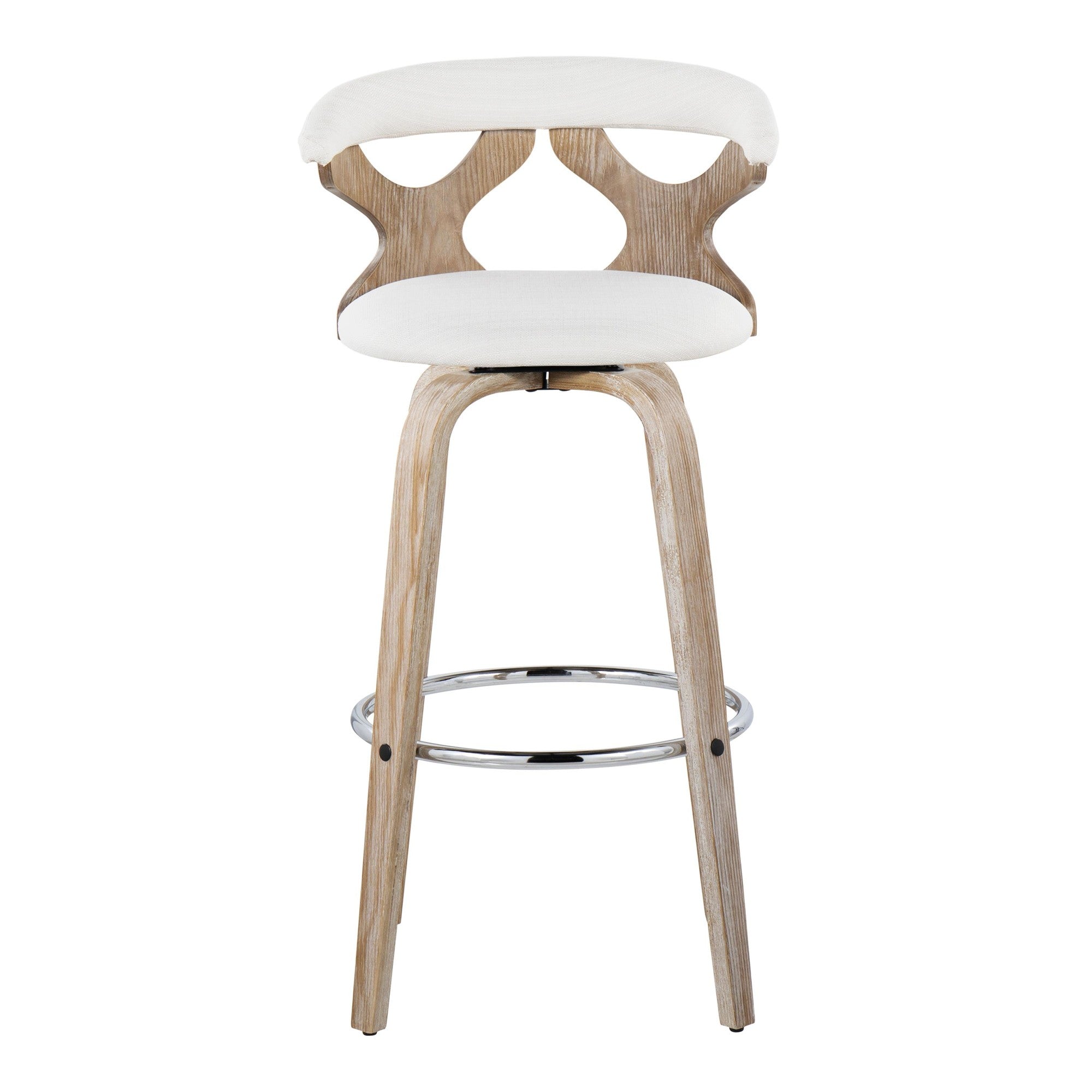Gardenia 30" Fixed-Height Barstool - Set of 2 - Whitewashed Wood, Chrome Metal, Cream Fabric